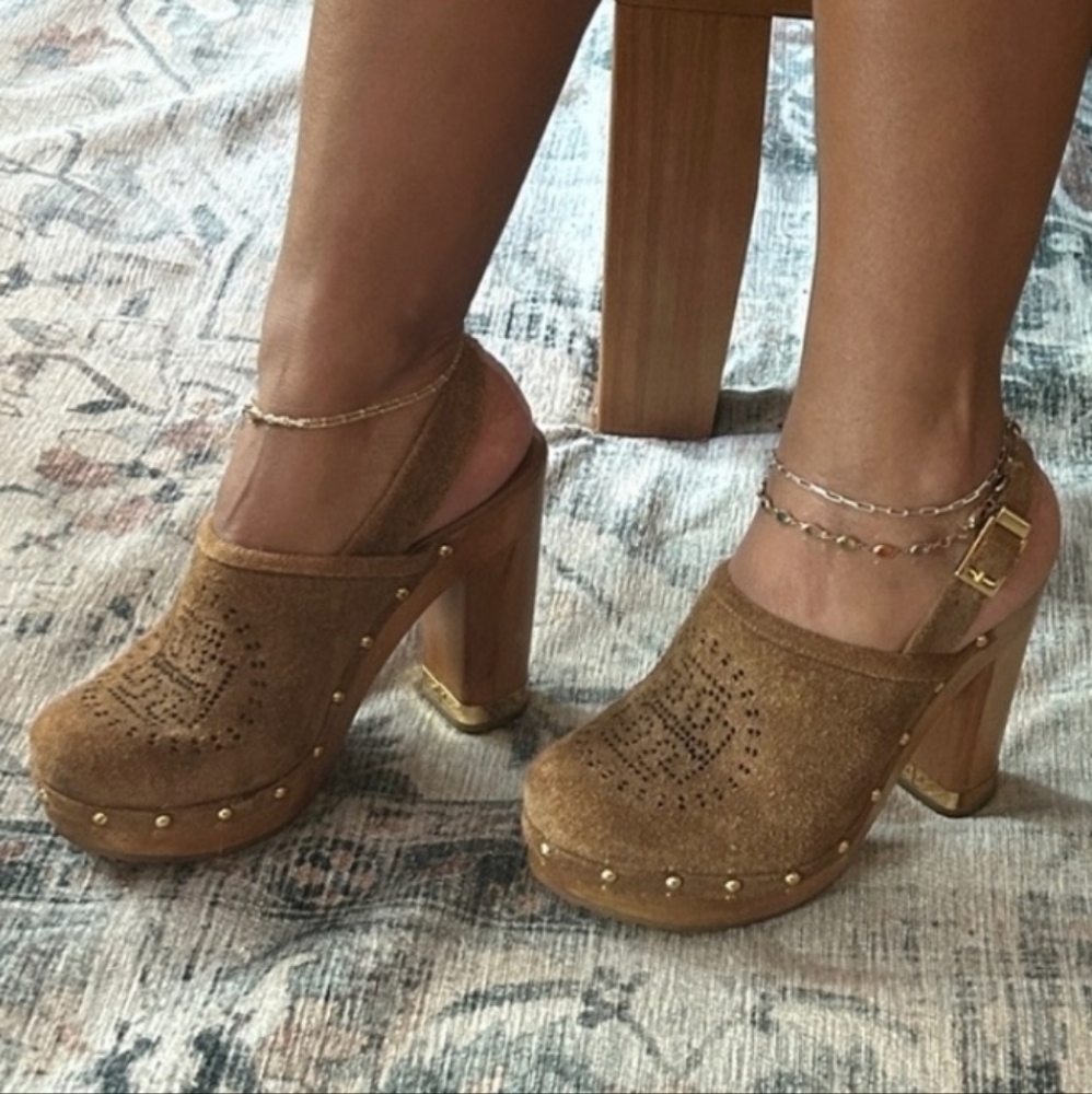 Tory Burch Brayden Brown Suede Block Heel Slingback Clogs Size 7